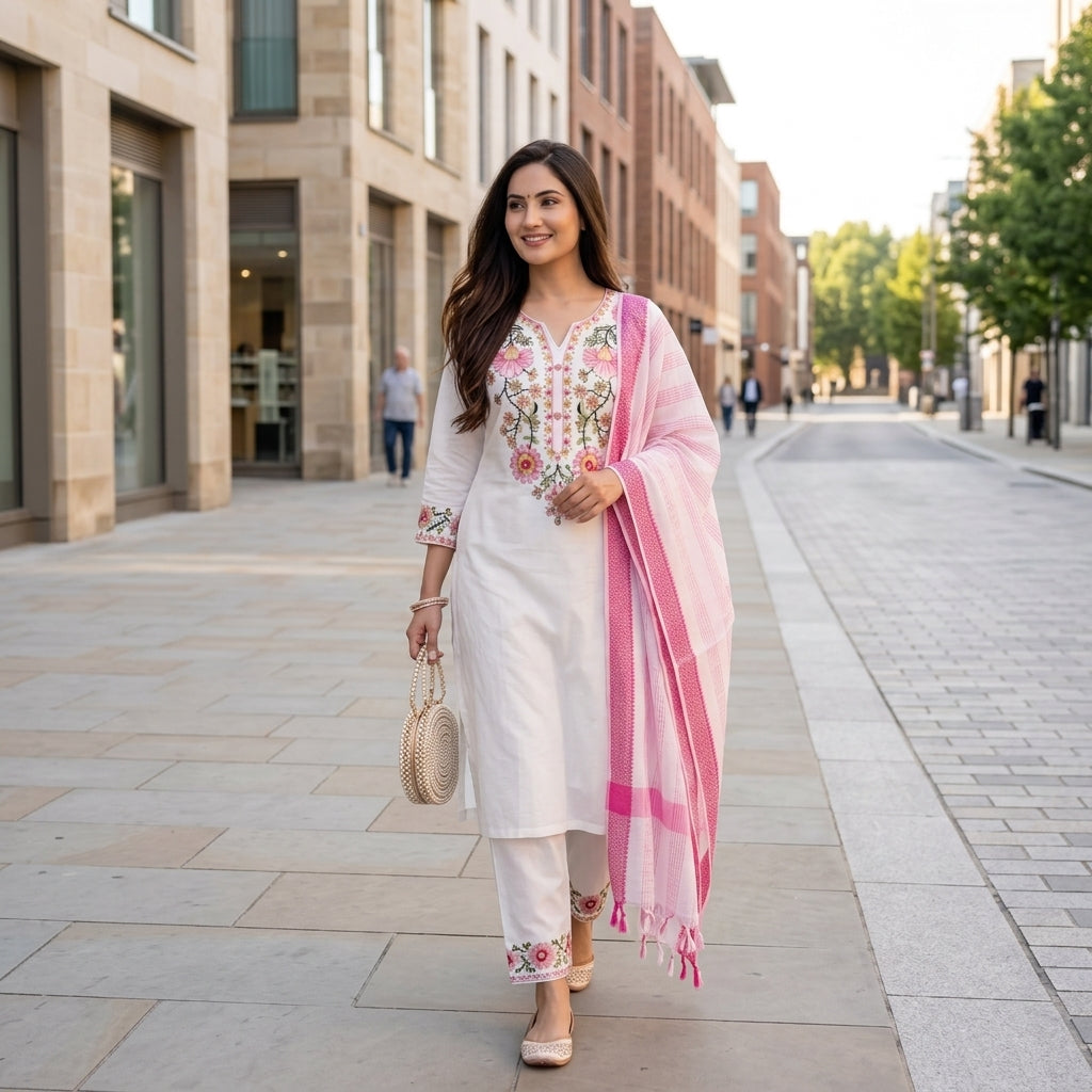 Women's White Khadi Cotton Floral Embroidered Suit Set FZ-PR-59