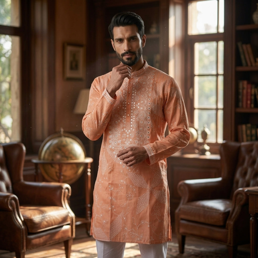 Men's Embroidered Simmer Silk Kurta Pyjama Set FZ-PR-16