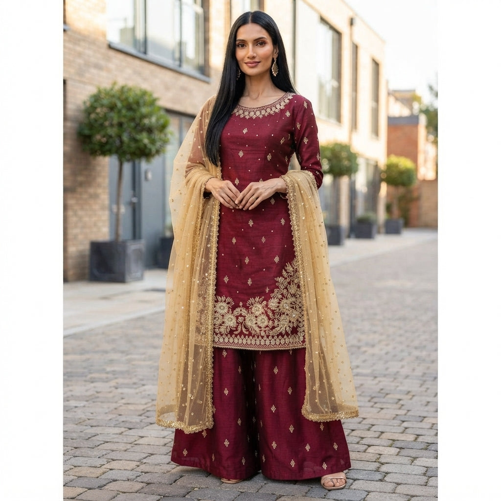 Women's JC Silk Embroidered Pearl Work Palazzo Suit Set FZ-PR-48