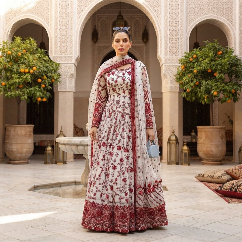 Women's Embroidered Faux Georgette Anarkali Gown Set FZ-PR-33