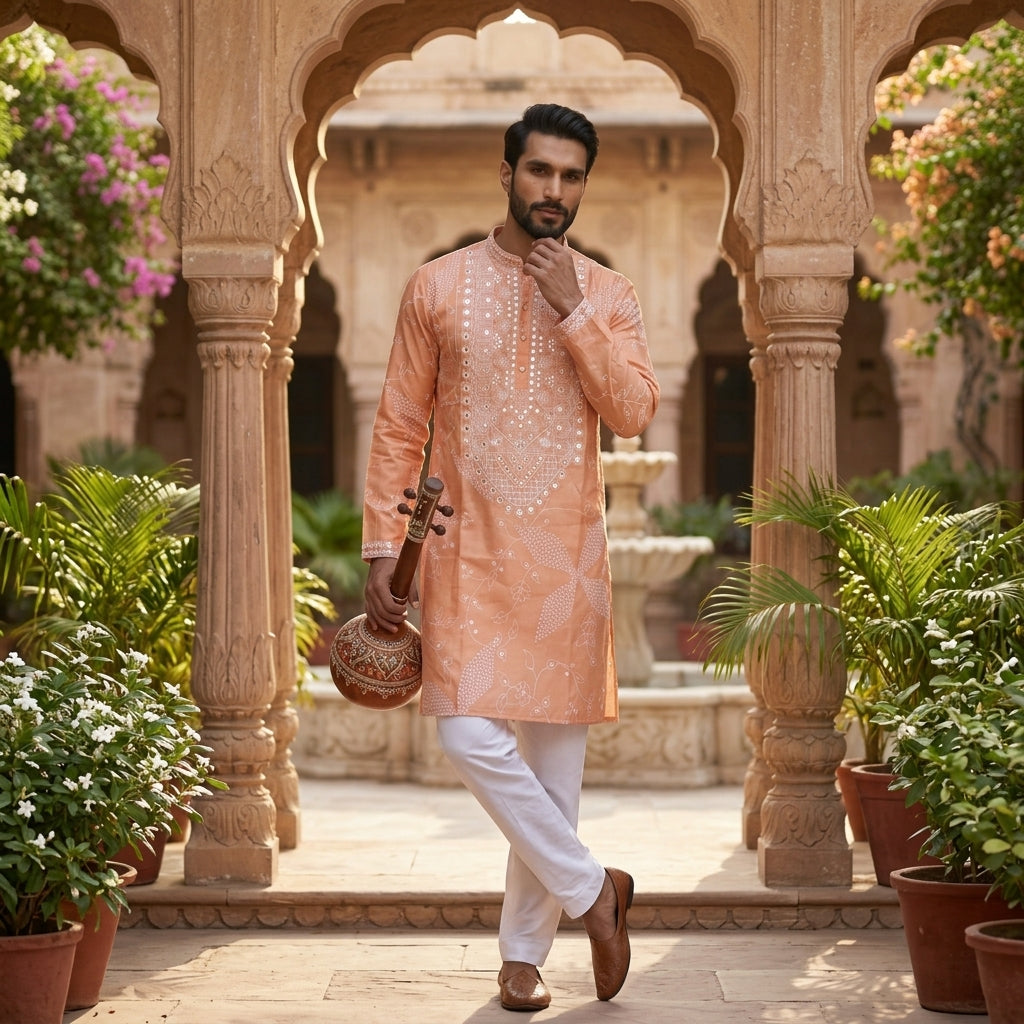 Men's Embroidered Simmer Silk Kurta Pyjama Set FZ-PR-16
