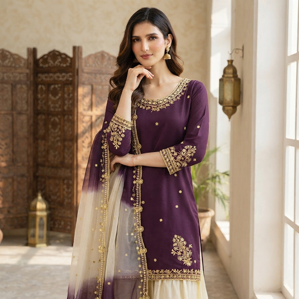 Women's French Crêpe Embroidered Salwar Kameez Set FZ-PR-43