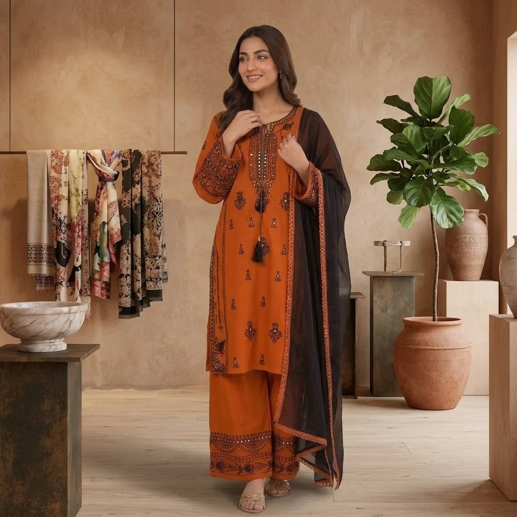 Women's Embroidered Rayon Kurta Set with Mirror Work & Palazzo FZ-PR-14