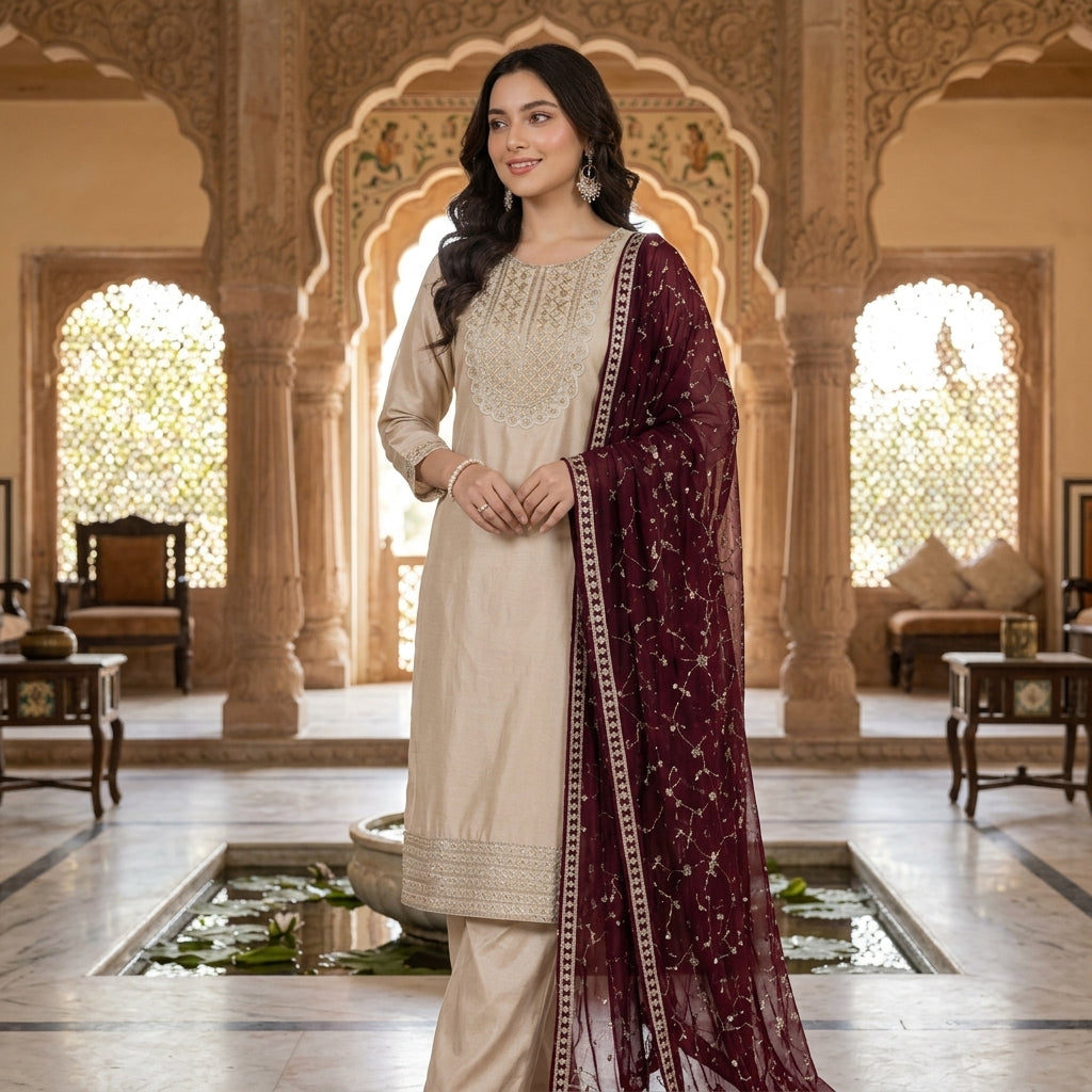 Women's CP Vichitra Silk Embroidered Kurti Set FZ-PR-37