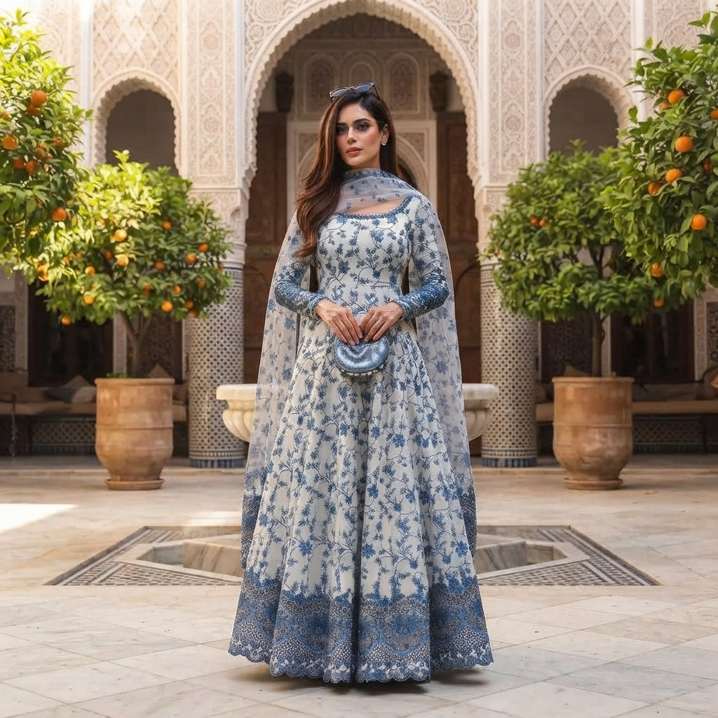 Women's Embroidered Faux Georgette Anarkali Gown Set FZ-PR-33