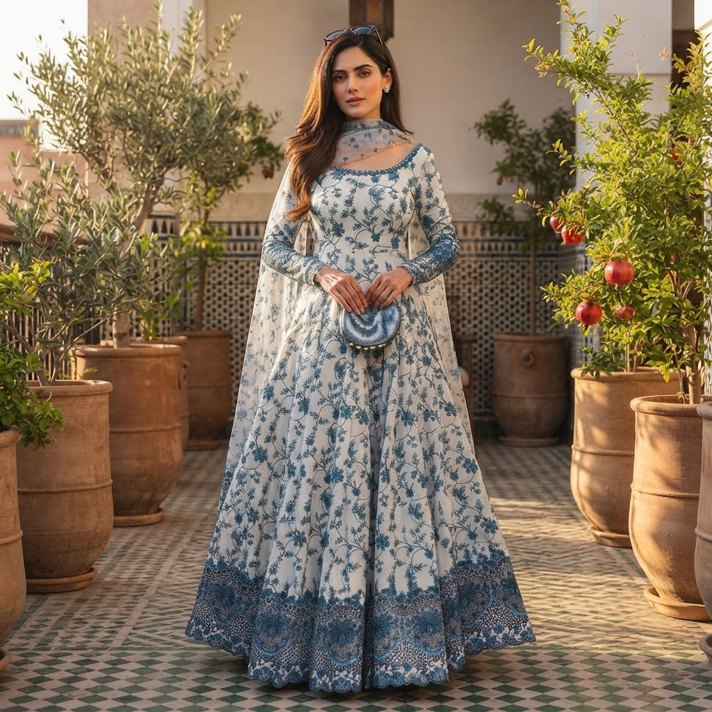 Women's Embroidered Faux Georgette Anarkali Gown Set FZ-PR-33