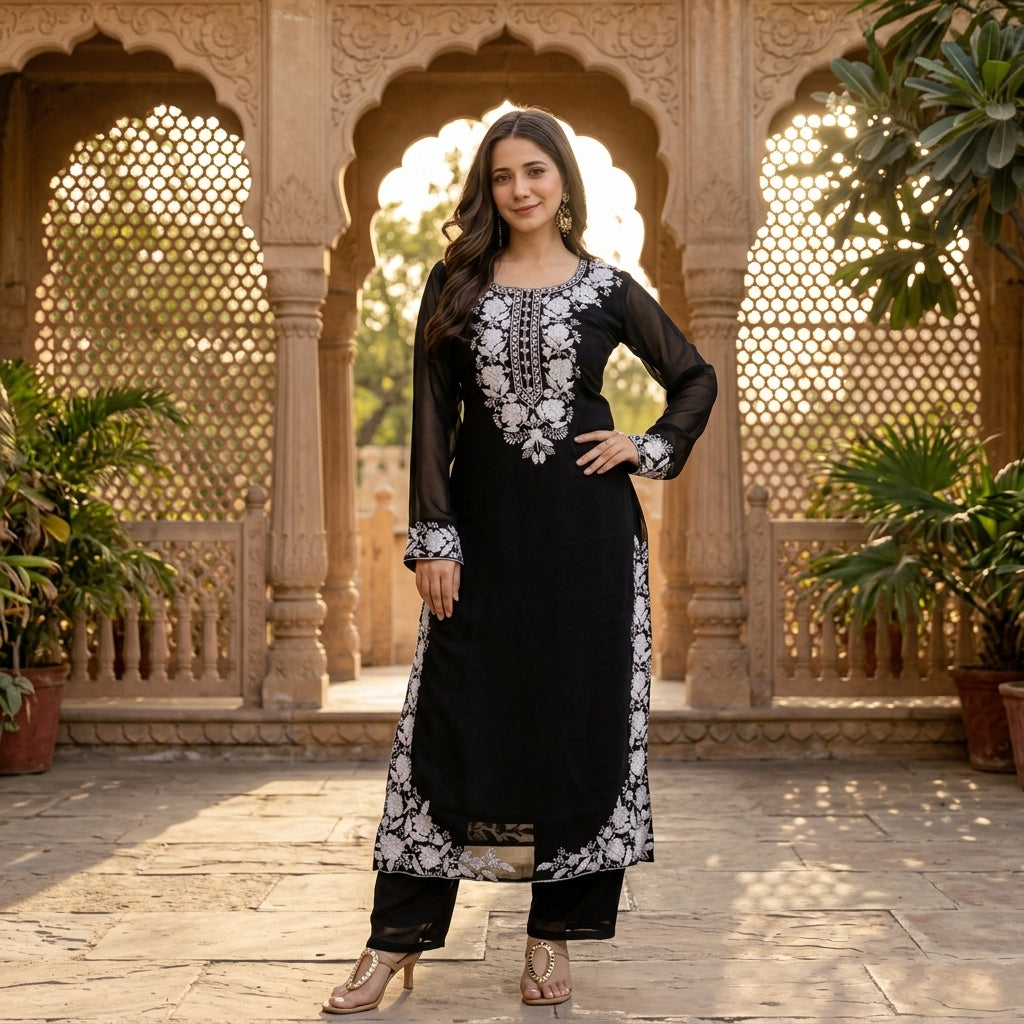 Women's Black Embroidered Georgette Kurta Set FZ-PR-31