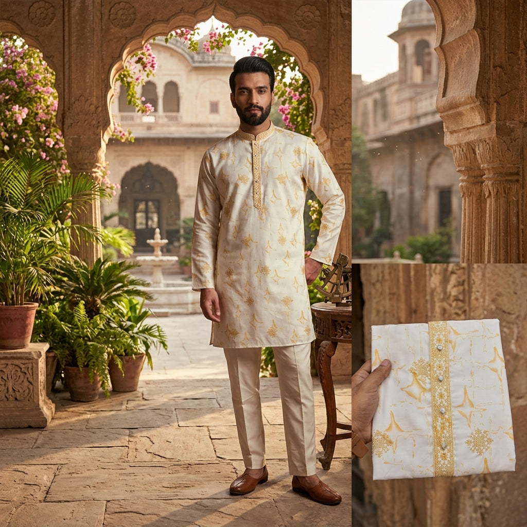 Men's Embroidered Star Silk Kurta Pyjama Set FZ-PR-18