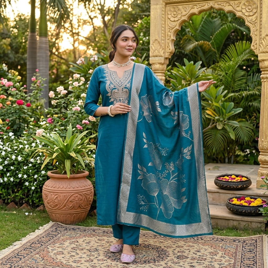 Women's Embroidered Slub Rayon Kurta Set with Dupatta FZ-PR-15