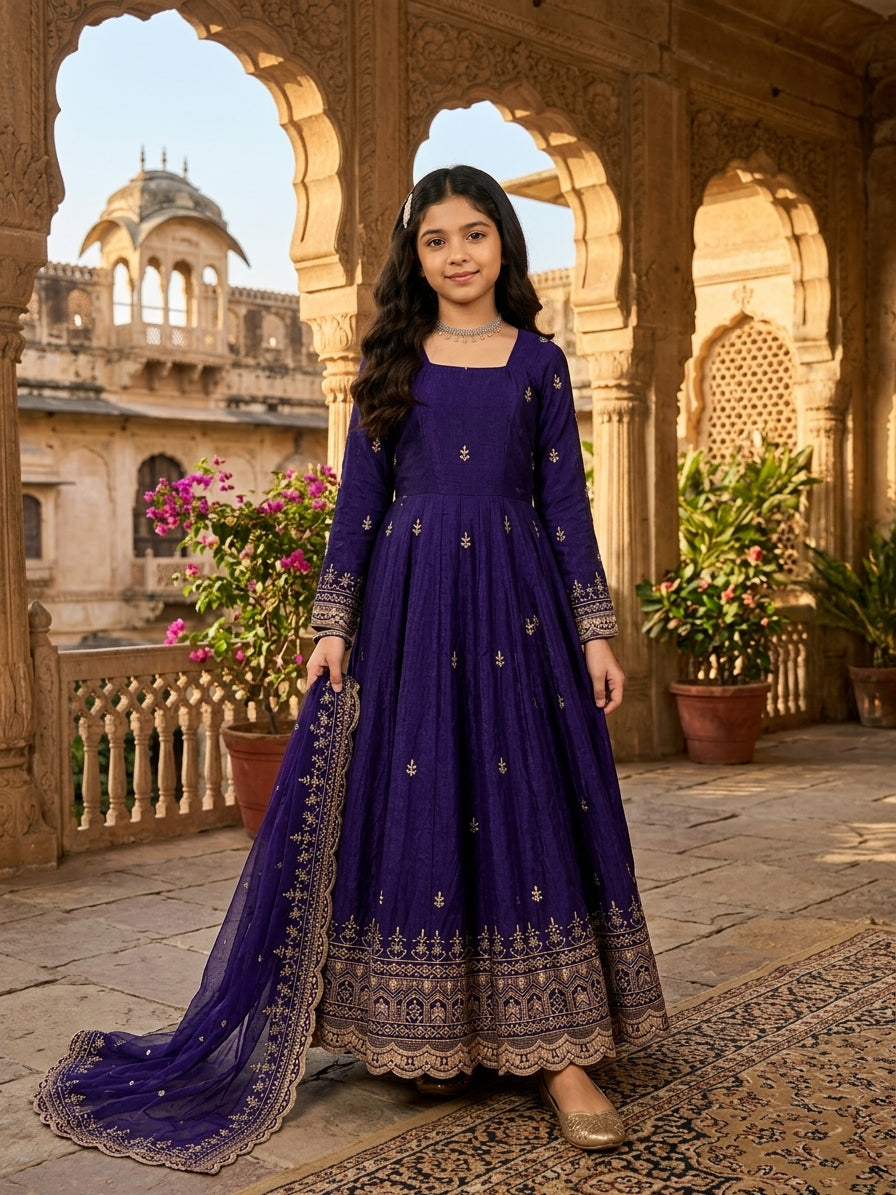 Girls' Purple Embroidered Fendy Silk Anarkali Gown Set FZ-PR-25