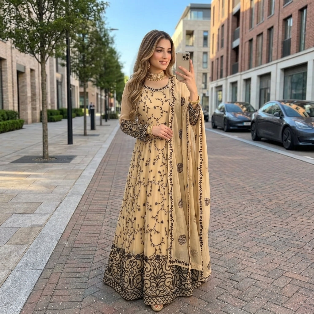 Women's Beige Faux Georgette Embroidered Gown Pant Set FZ-PR-53