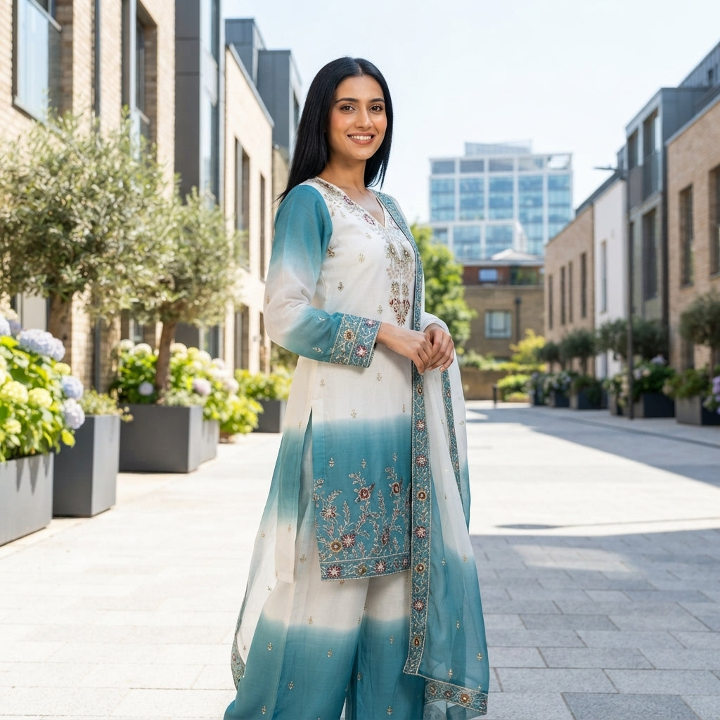 Women's Dual Tone Georgette Embroidered Kurti Palazzo Set FZ-PR-50