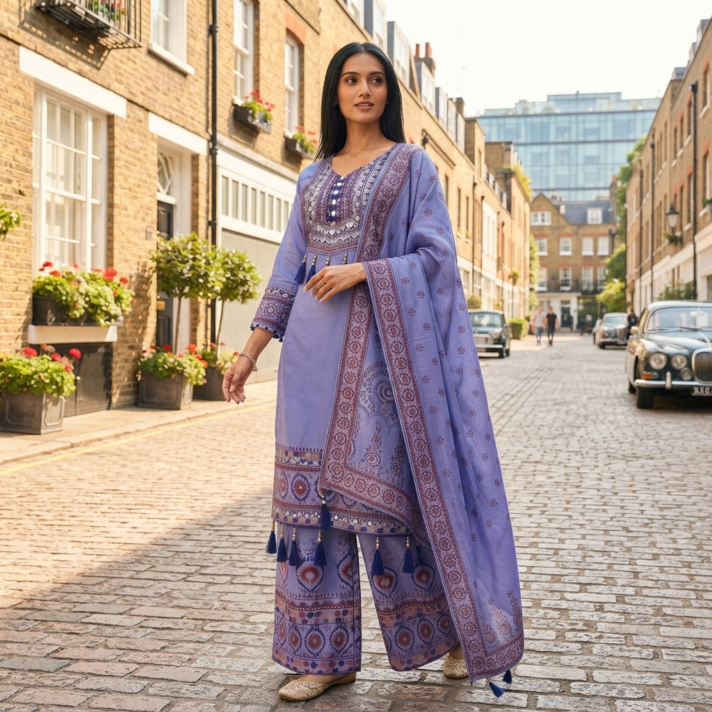 Women's Maslin Digital Print Mirror Work Kurta Palazzo Set FZ-PR-47