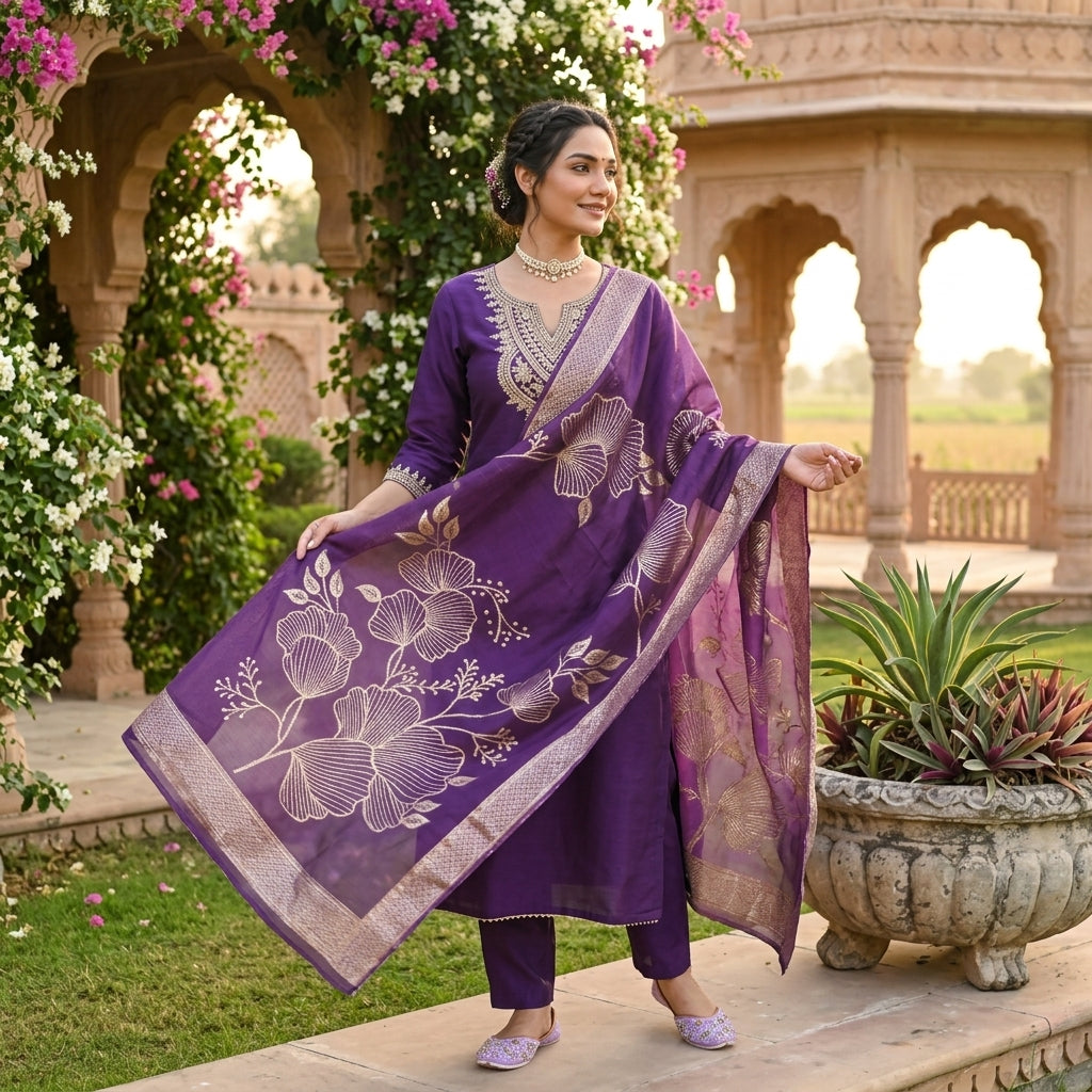 Women's Embroidered Slub Rayon Kurta Set with Dupatta FZ-PR-15