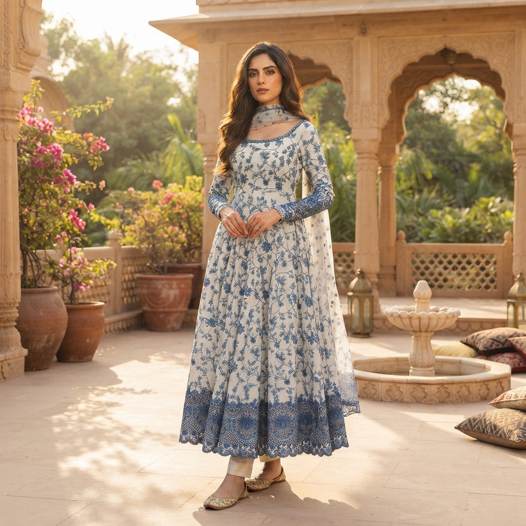 Women's Embroidered Faux Georgette Anarkali Gown Set FZ-PR-33
