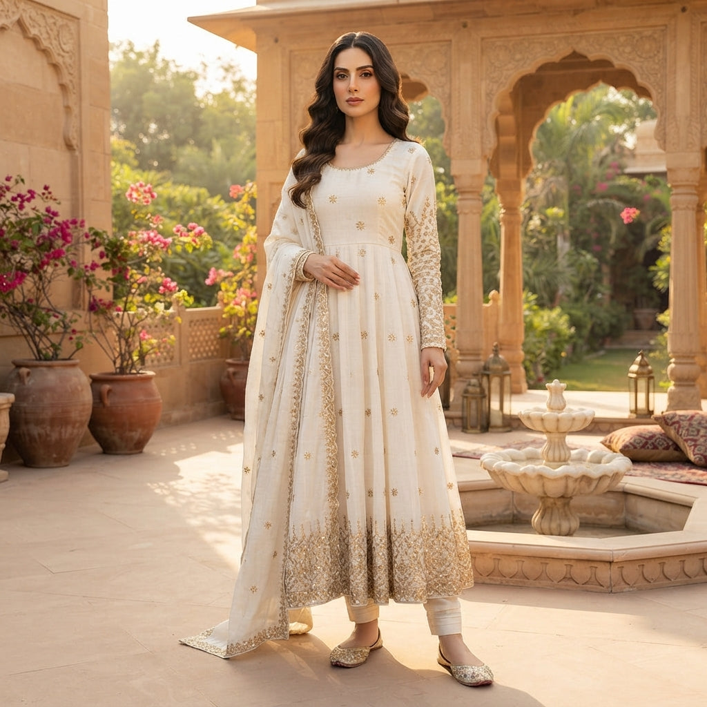 Women's Embroidered Vichitra Silk Anarkali Gown Set FZ-PR-34