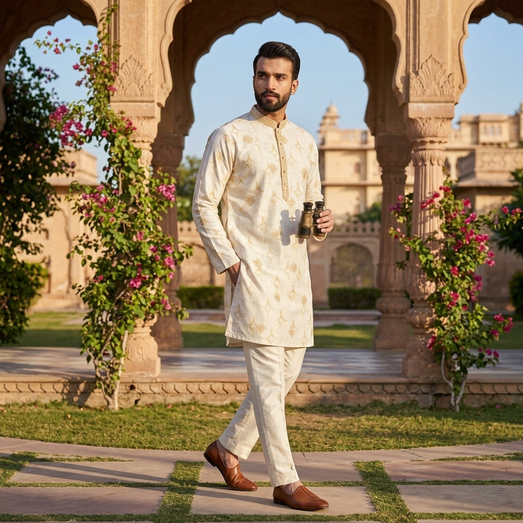Men's Embroidered Star Silk Kurta Pyjama Set FZ-PR-18