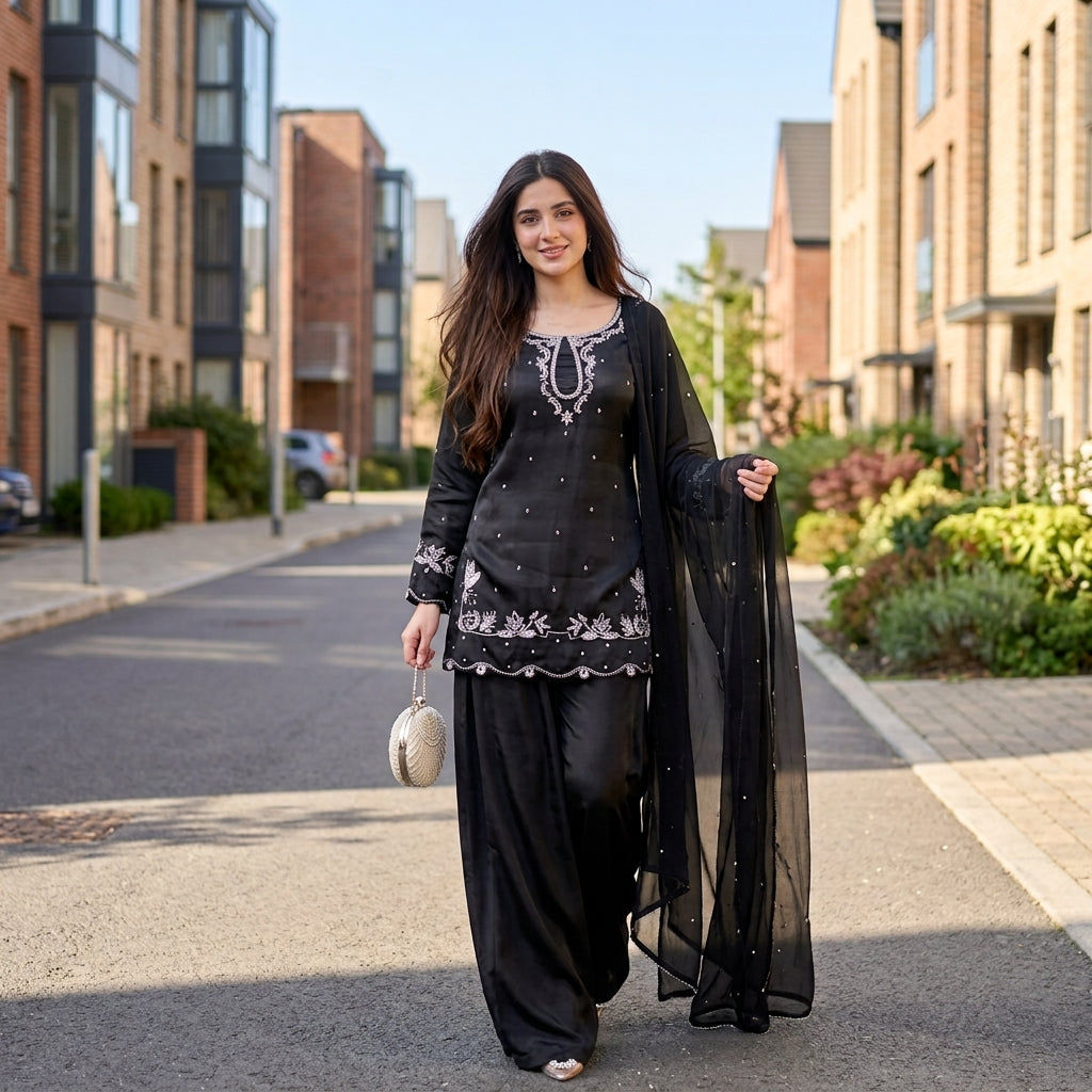 Women's Natural Satin Embroidered Top Farshi Palazzo Set FZ-PR-57