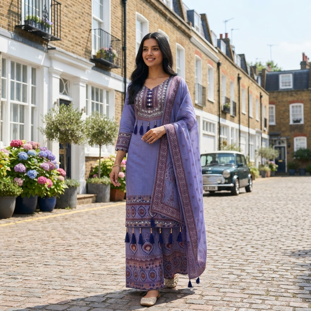 Women's Maslin Digital Print Mirror Work Kurta Palazzo Set FZ-PR-47