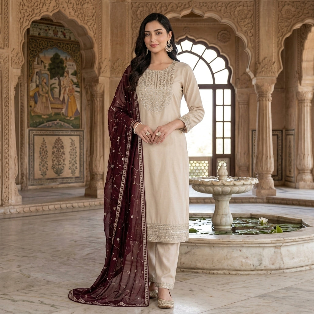 Women's CP Vichitra Silk Embroidered Kurti Set FZ-PR-37