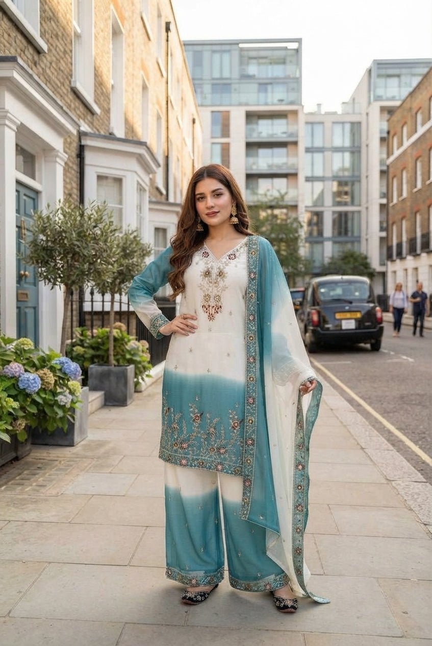 Women's Dual Tone Georgette Embroidered Kurti Palazzo Set FZ-PR-50