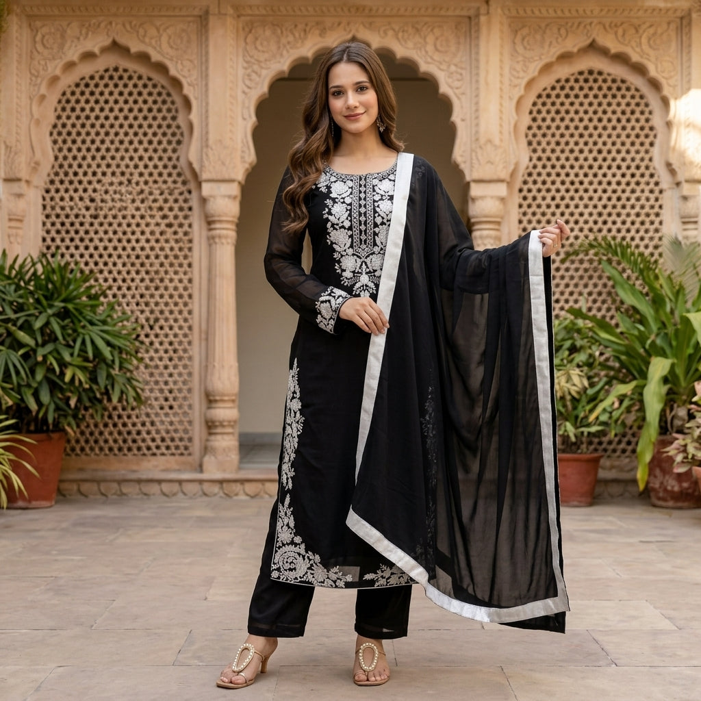 Women's Black Embroidered Georgette Kurta Set FZ-PR-31