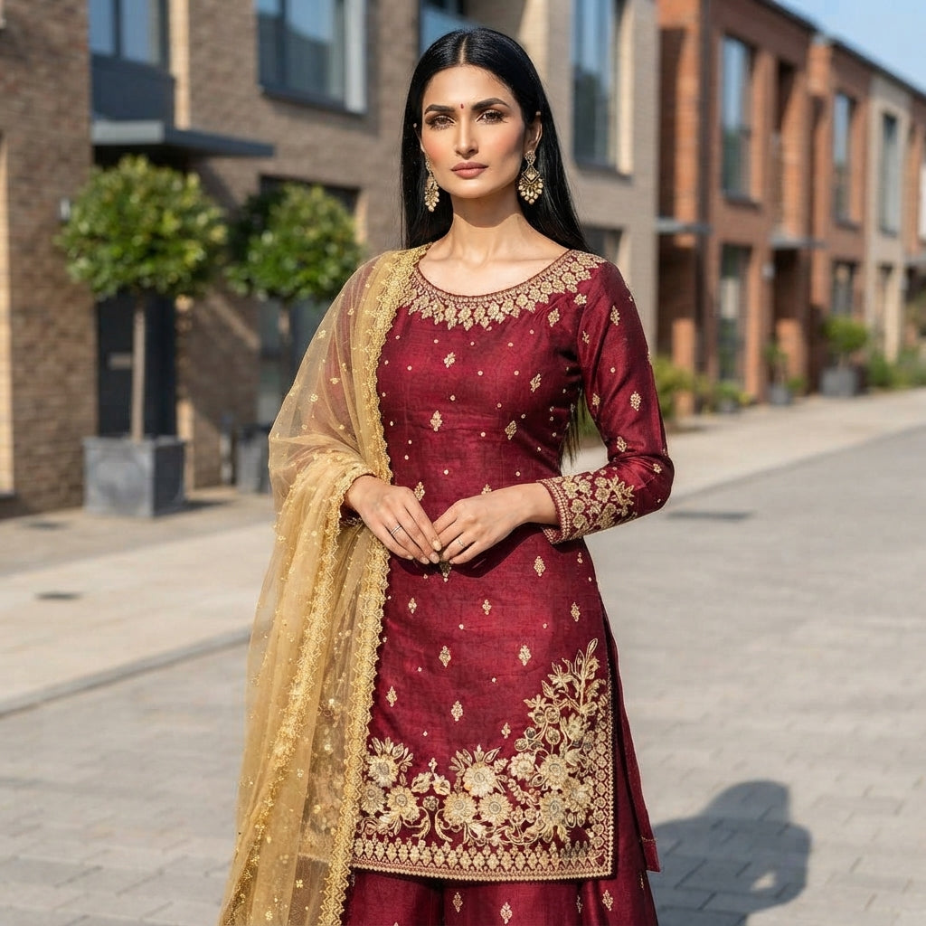 Women's JC Silk Embroidered Pearl Work Palazzo Suit Set FZ-PR-48