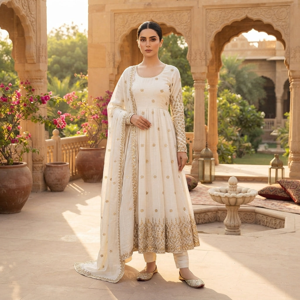 Women's Embroidered Vichitra Silk Anarkali Gown Set FZ-PR-34