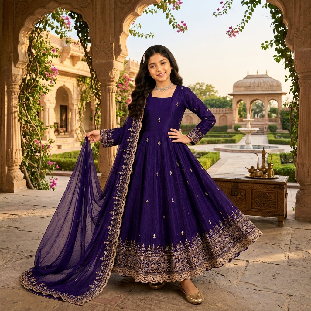 Girls' Purple Embroidered Fendy Silk Anarkali Gown Set FZ-PR-25
