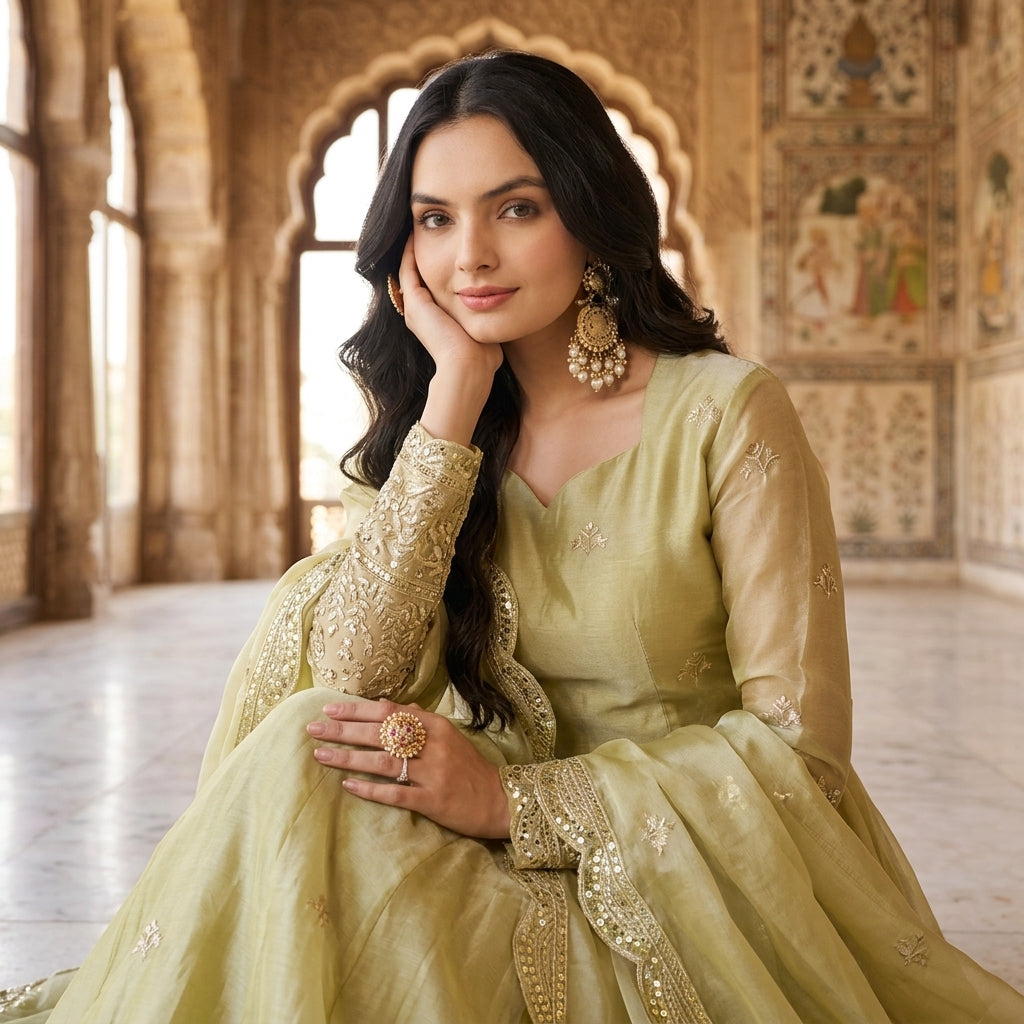 Women's Embroidered Fendy Silk Anarkali Gown Set FZ-PR-35