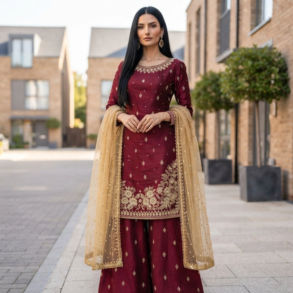Women's JC Silk Embroidered Pearl Work Palazzo Suit Set FZ-PR-48