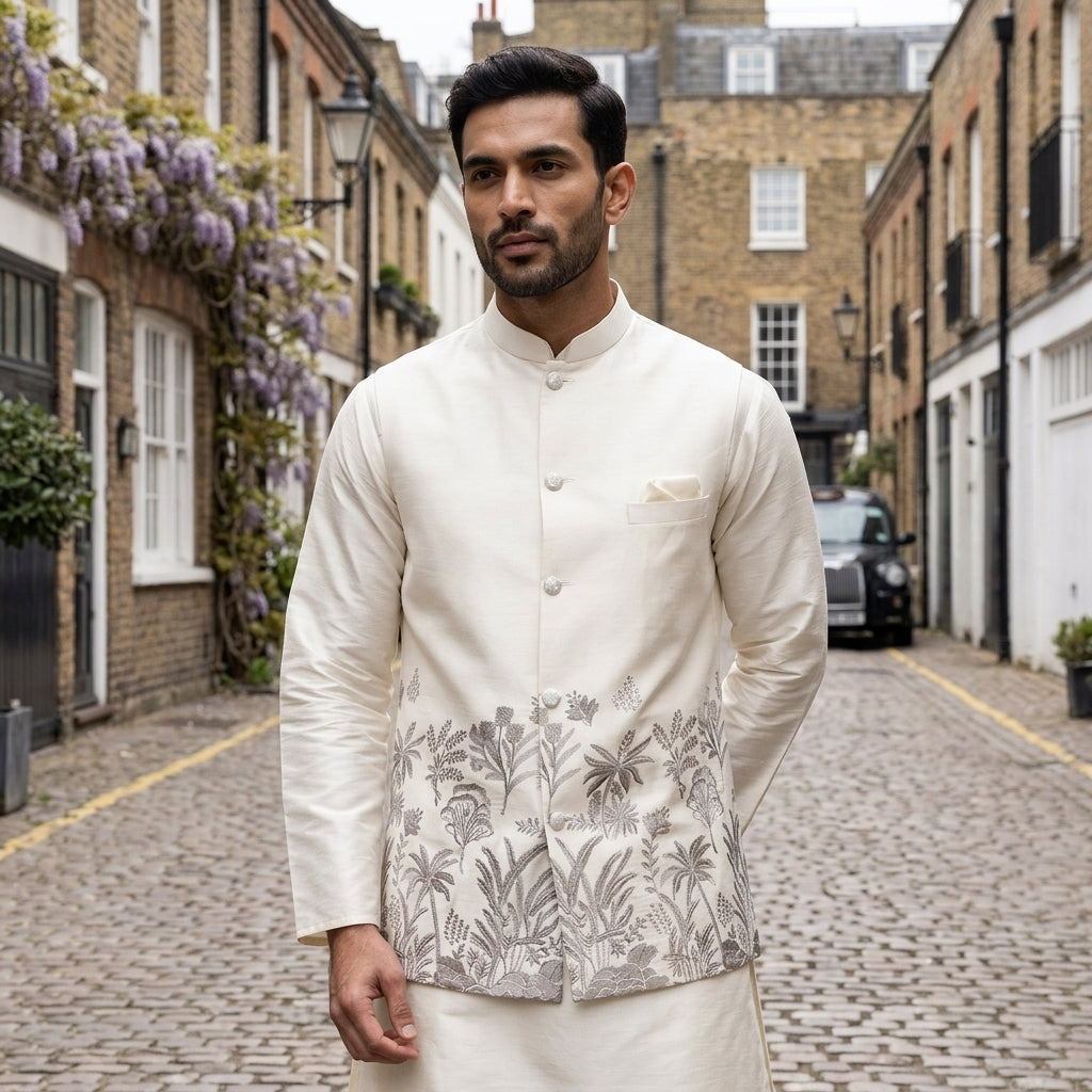 Men's Embroidered Silk Koti Kurta Pant Set FZ-PR-20