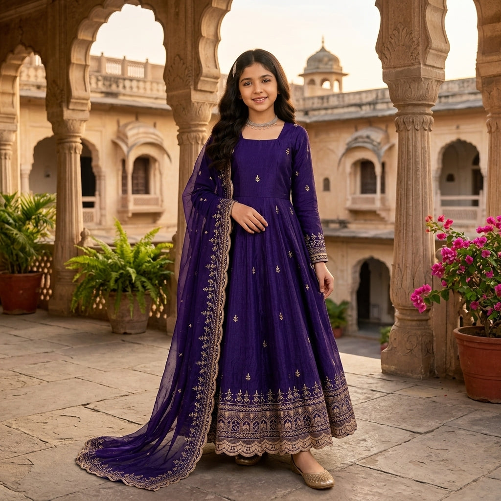 Girls' Purple Embroidered Fendy Silk Anarkali Gown Set FZ-PR-25
