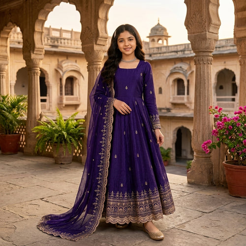Girls' Purple Embroidered Fendy Silk Anarkali Gown Set FZ-PR-25