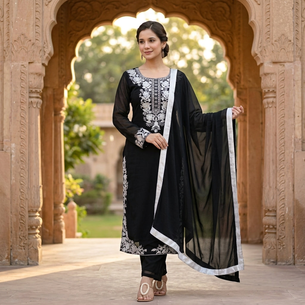 Women's Black Embroidered Georgette Kurta Set FZ-PR-31