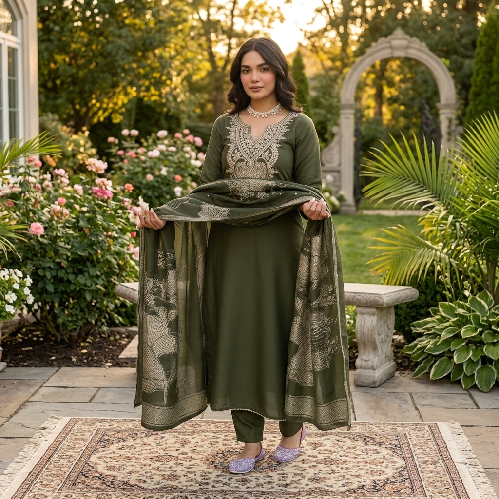 Women's Embroidered Slub Rayon Kurta Set with Dupatta FZ-PR-15