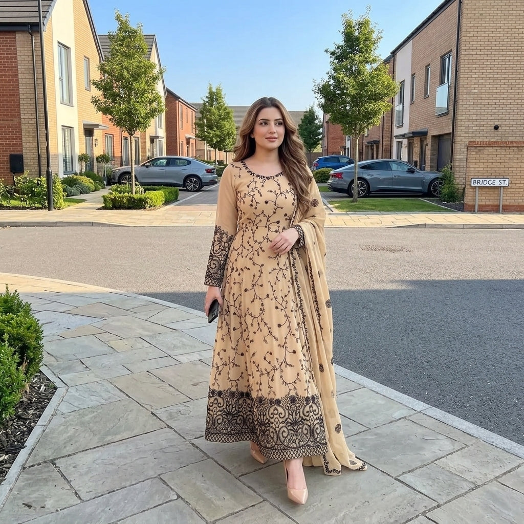 Women's Beige Faux Georgette Embroidered Gown Pant Set FZ-PR-53