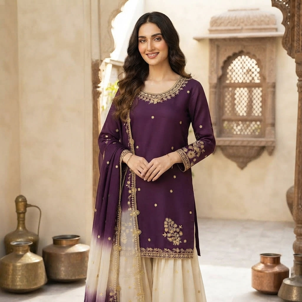 Women's French Crêpe Embroidered Salwar Kameez Set FZ-PR-43