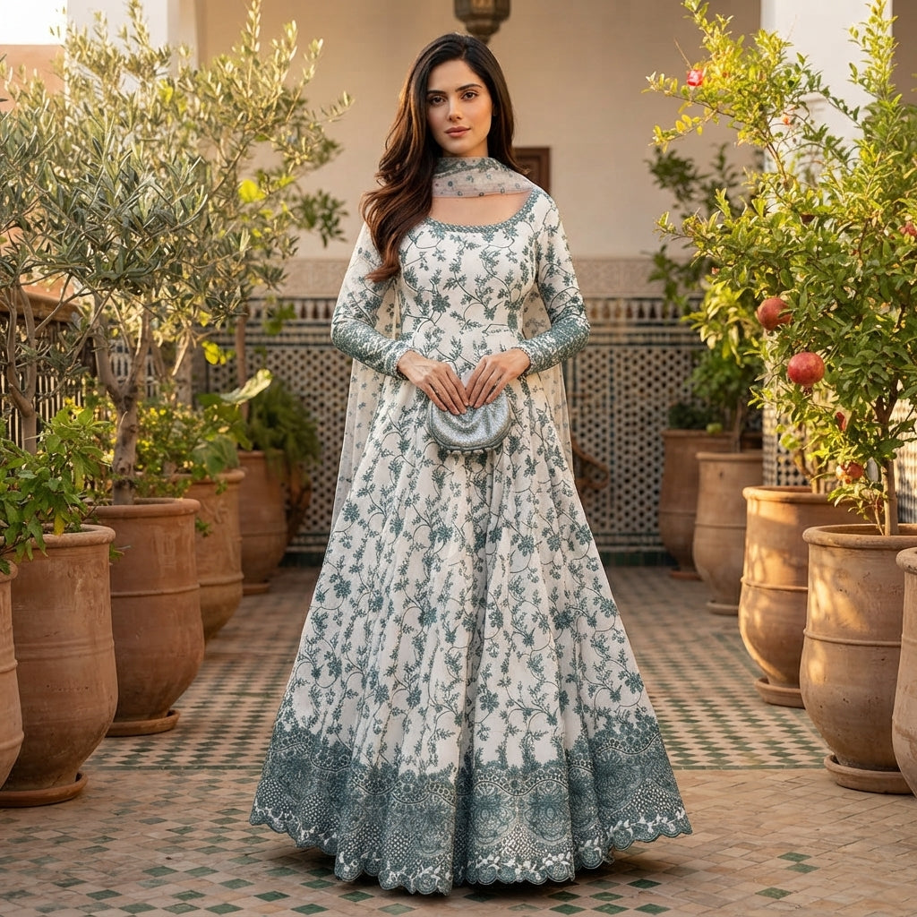 Women's Embroidered Faux Georgette Anarkali Gown Set FZ-PR-33