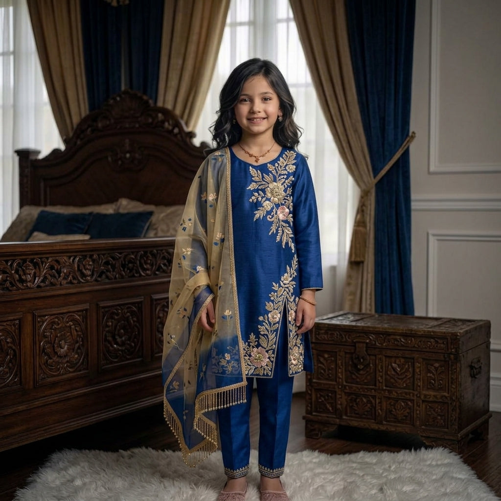 Girls’ Embroidered GMY Silk Salwar Kameez Set with Dupatta FZ-PR-09