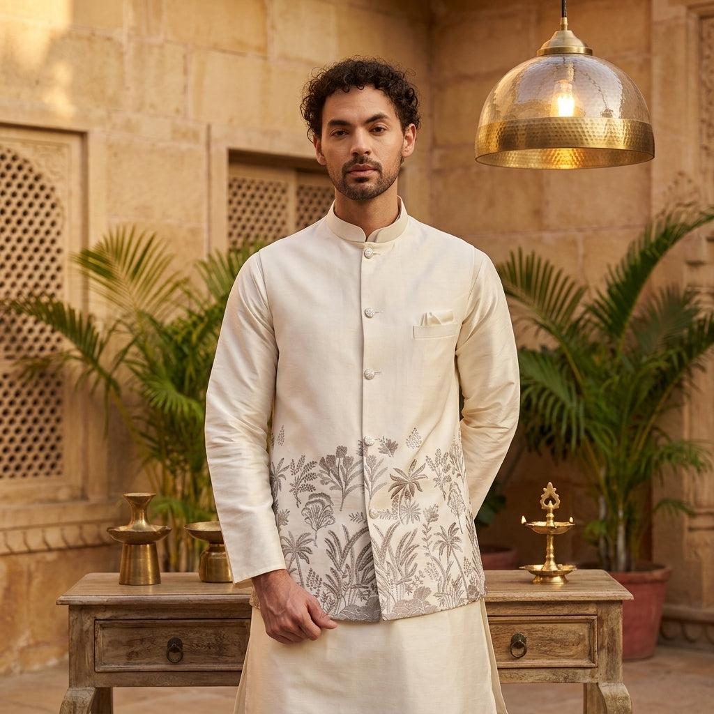 Men's Embroidered Silk Koti Kurta Pant Set FZ-PR-20