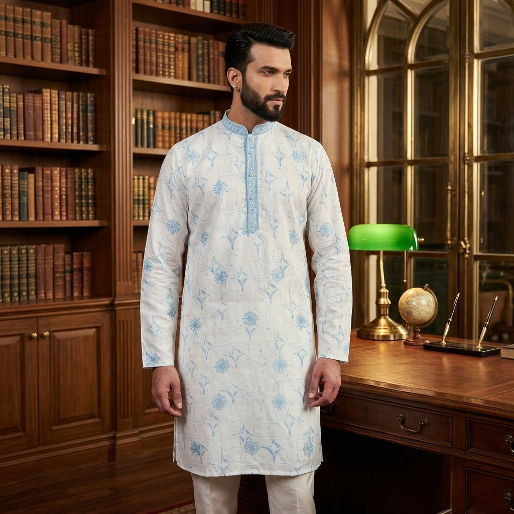 Men's Printed Star Silk Kurta Pyjama Set FZ-PR-17