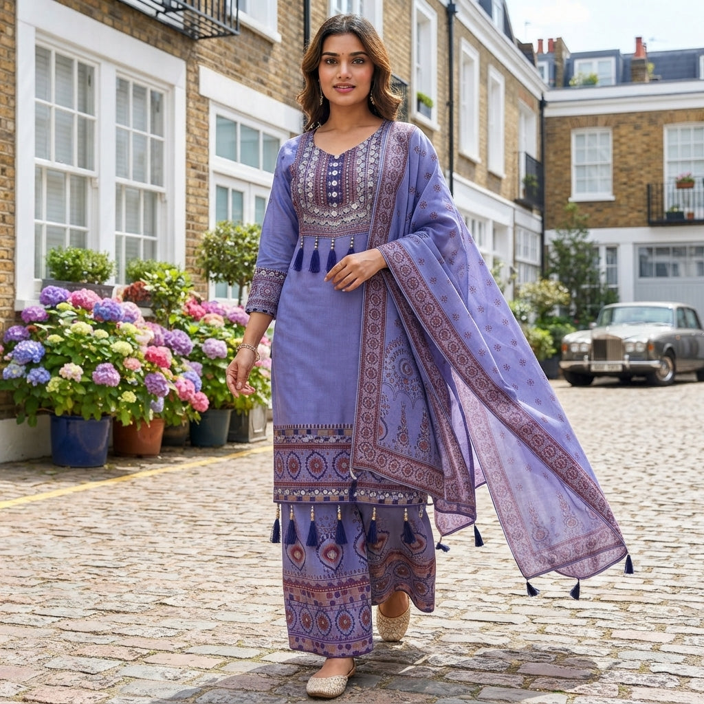Women's Maslin Digital Print Mirror Work Kurta Palazzo Set FZ-PR-47