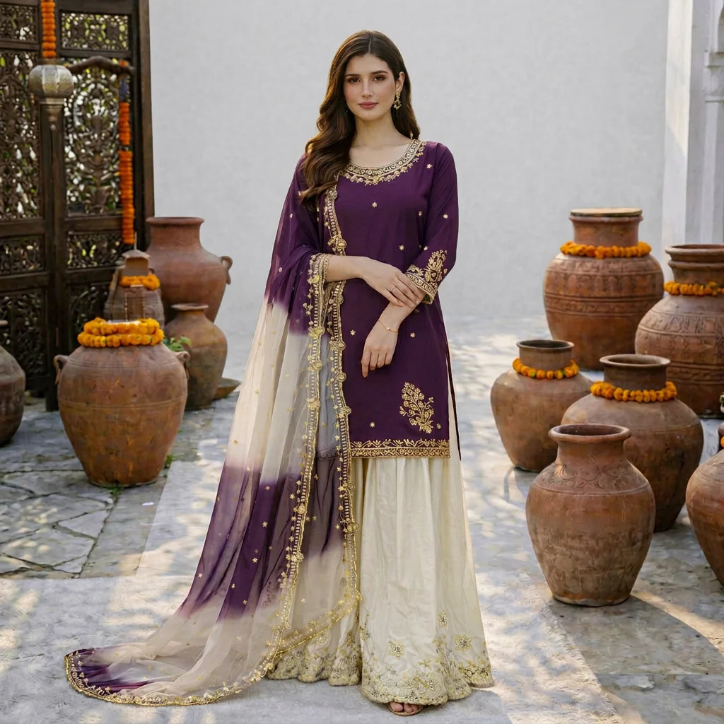 Women's French Crêpe Embroidered Salwar Kameez Set FZ-PR-43