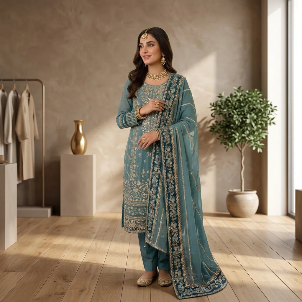 Heavy Embroidered Fox Georgette Three-Piece Party Wear Suit FZ-PR-03