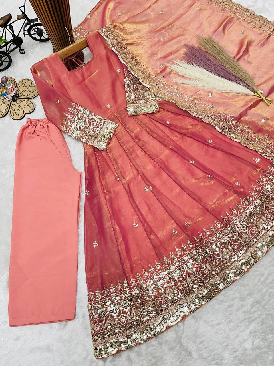 Girls' Embroidered Fendy Silk Anarkali Gown Set FZ-PR-24