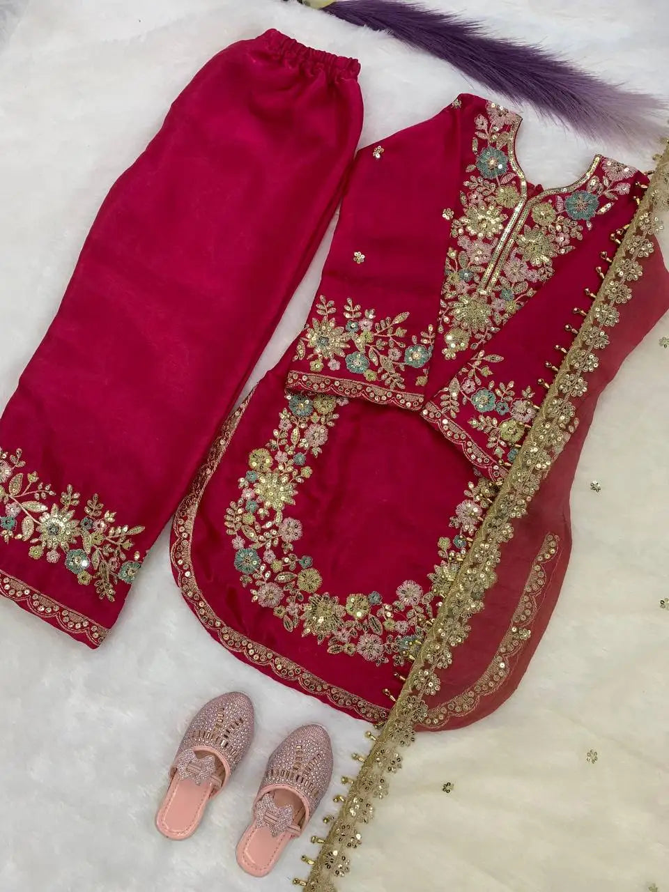 Girls’ Embroidered GMY Silk Salwar Kameez Set with Dupatta FZ-PR-09