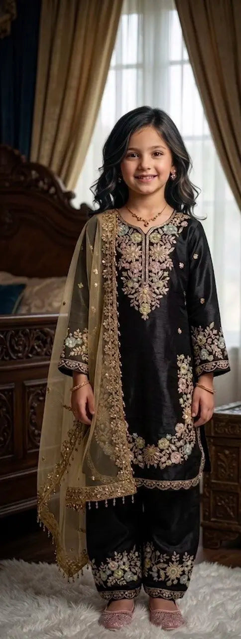 Girls’ Embroidered GMY Silk Salwar Kameez Set with Dupatta FZ-PR-09