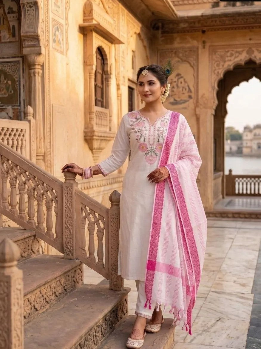 Women's White Khadi Cotton Floral Embroidered Suit Set FZ-PR-59