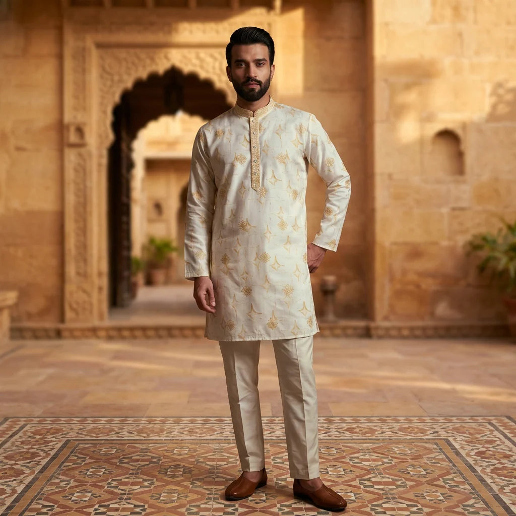 Men's Embroidered Star Silk Kurta Pyjama Set FZ-PR-18